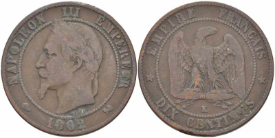 ФРАНЦИЯ 10 САНТИМОВ 1862 K, НАПОЛЕОН III (1852-1870) KM 798.3, LE FRANC 134.7 бронза 4394-521