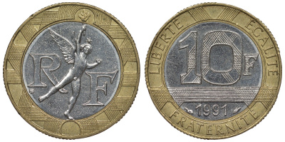 Франция 10 франков 1991 тип гений Бастилии KM 964.1, Le Frank 375.6 биметалл 4128-521