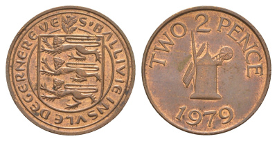 Гернси 2 пенса 1979 Елизавета II (1952-2022), ветряная мельница KM 28 бронза 4656-1057