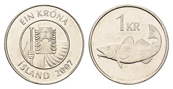 Исландия 1 крона 2007 треска KM 27a сталь плакированная никелем UNC 4691-621