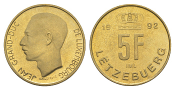 Люксембург 5 франков 1992 Великий герцог Жан (1964-2000), тираж 20.000 экземпляров KM 65 алюминиевая бронза BU 4178-654