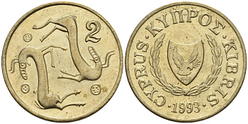Кипр 2 цента 1993 KM 54.3 никель латунь 4174-1259