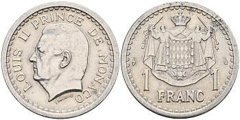 Монако 1 франк 1943 Луи II (1922-1949) KM 120 алюминий 4116-325