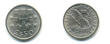 ПОРТУГАЛИЯ 2,5 ЭСКУДО 1978 ПАРУСНИК KM 590 медно-никель 176-142