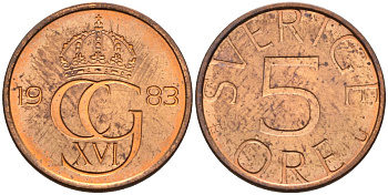 Швеция 5 эре 1983 Карл XVI Густав (1973- ) KM 849 бронза UNC 4585-333