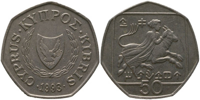 Кипр 50 центов 1993 похищение Европы KM 66 медно-никель 4402-623