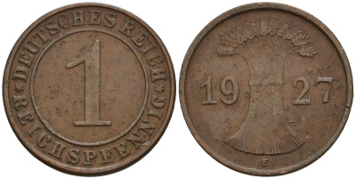 Германия 1 рейхспфенниг 1927 E KM 37, J. 313 бронза 4124-553