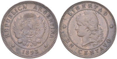 Аргентина 1 сентаво 1893 редкий год KM 32 бронза 4622-122