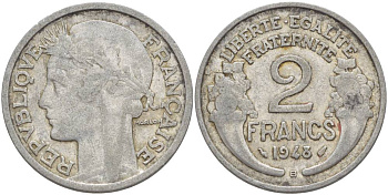 Франция 2 франка 1948 B, ТИП MORLON KM 886а.2, LE FRANC 269.13 алюминий 4183-1213