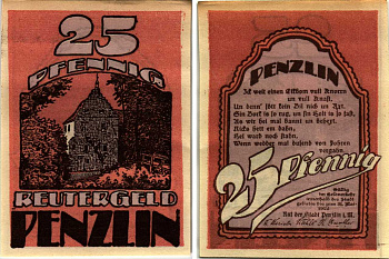 ПЕНЦЛИН 25 ПФЕННИГОВ 1922 НОТГЕЛЬД, 1922 - 31 МАЯ 1922, МЕКЛЕНБУРГ-ПЕРЕДНЯЯ ПОМЕРАНИЯ Grabowski 1055.1 бумага 7547-100-1-1