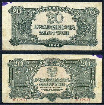 Польша 20 злотых 1944 OBOWIAZKOWE Pick 113 a (1) бумага 6283-15-2-2