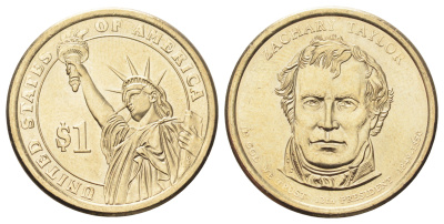 США 1 доллар 2009 серия президенты США, Закари Тейлор (1849-1850) KM 453 медь с марганцево-латунным покрытием UNC 4699-915