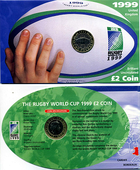 Великобритания 2 фунта 1999 Елизавета II (1952-2022), Чемпионат мира по регби, в оригинальном картонном буклете KM 999, Spink 4571 (K10) биметалл BUNC 3-4-4-45