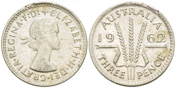 Австралия 3 пенса 1962 m, Елизавета II (1952-2022) KM 57 серебро 3955-447