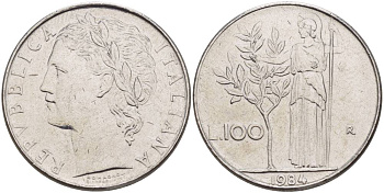ИТАЛИЯ 100 ЛИР 1984 R, АФИНА У ОЛИВКОВОГО ДЕРЕВА KM 96.1 нержавеющая сталь 4545-725