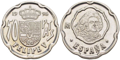 ИСПАНИЯ 50 ПЕСЕТ 1996 ПОРТРЕТ КОРОЛЯ ФИЛИППА V, ХУАН КАРЛОС I (1975-) KM 963 медно-никель 213-224