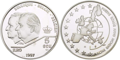 Бельгия 5 экю 1997 40 лет Римскому договору, портреты Альберта II и Бодуэна KM 205 серебро PROOF 11-173-34
