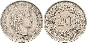 ШВЕЙЦАРИЯ 20 РАППЕНОВ 1955 В KM 29a медно-никель 55-732
