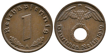 Германия 1 рейхспфенниг 1939 A KM 89, J. 361 бронза    220-351