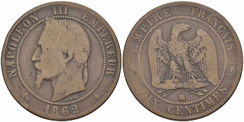 ФРАНЦИЯ 10 САНТИМОВ 1862 BB, НАПОЛЕОН III (1852-1870) KM 798.2, LE FRANC 134.6 бронза 4394-131