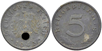 ГЕРМАНИЯ 5 РЕЙХСПФЕННИГОВ 1943 A KM 100, J. 370 цинк 105-264