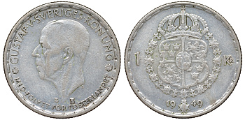 Швеция 1 крона 1949 TS, Густав VI Адольф (1950-1973) KM 814 серебро 4178-724