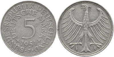 ФРГ 5 марок 1951 J (Гамбург), J. 387, KM 112.1 серебро 1526-113