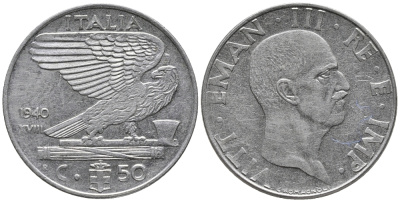 ИТАЛИЯ 50 ЧЕНТЕЗИМО 1940 R, РИФЛЕНЫЙ ГУРТ, МАГНИТНАЯ, ГОД XVIII KM 76b сталь 34-1234