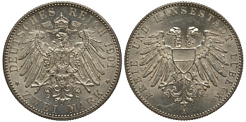 Любек 2 марки 1901 A J. 80, KM 210 серебро UNC 10-017-31