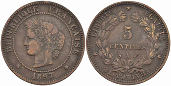 ФРАНЦИЯ 5 САНТИМОВ 1897 A, ТРЕТЬЯ РЕСПУБЛИКА (1871-1940) KM 821.1, LE FRANC 118.41 бронза 108-752