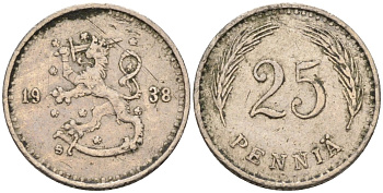 Финляндия 25 пенни 1938 S KM 25 медно-никель 96-561
