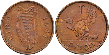 Ирландия 1 пенни 1941 курица с цыплятами KM 11 бронза 4367-1215