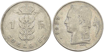 БЕЛЬГИЯ 1 ФРАНК 1957 BELGIE, БОДУЭН I (1951-1993) KM 143.1 медно-никель 119-544
