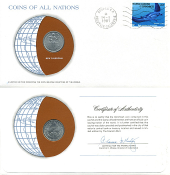 Французская Новая Каледония 1 франк 1977 конверт с маркой первого дня гашения, Coins of Nations KM 10  алюминий  UNC  4294-68-1
