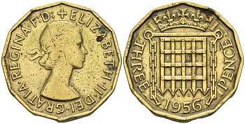 Великобритания 3 пенса 1956 Елизавета II (1952-2022) KM 900, Spink 4153 никель латунь 4591-1036