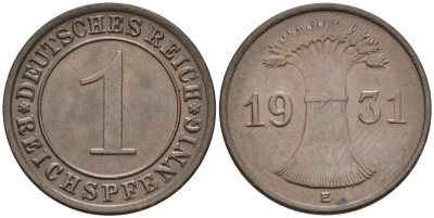Германия 1 рейхспфенниг 1931 E KM 37, J.313, Weege 2 медь 4585-623