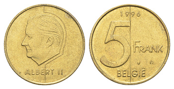 Бельгия 5 франков 1996 Belgie, Альберт II KM 190 алюминиевая бронза 4706-415
