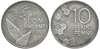 ФИНЛЯНДИЯ 10 ПЕННИ 1999 M, ЛАНДЫШ KM 65 медно-никель 3334-1158