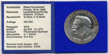 ГДР 10 марок 1975 А, 100 лет со дня рождения Альберта Швейцера, пробная / проба, в оригинальной упаковке с сертификатом KM PR18, J.557 серебро UNC 00-812-46