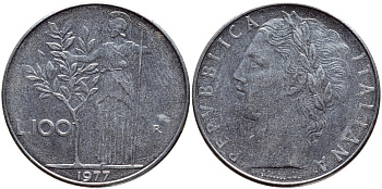 ИТАЛИЯ 100 ЛИР 1977 R , АФИНА KM 96.1 нержавеющая сталь 4394-616