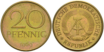 ГДР 20 пфеннигов 1969 A, первый год KM 11 латунь 4141-522