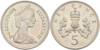Великобритания 5 пенсов 1979 Елизавета II (1952-2022) KM 911, Spink 4233 (D1) медно-никель 4592-436