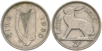 Ирландия 3 пенса 1950 заяц KM 12a медно-никель 4596-1063