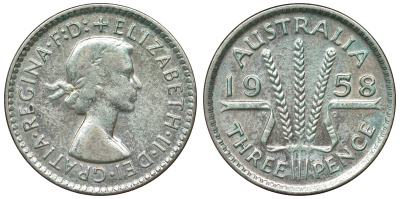 Австралия 3 пенса 1958 m, Елизавета II (1952-2022) KM 57 серебро 71-554