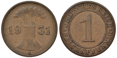 Германия 1 рейхспфенниг 1931 A KM 37, J. 313 бронза 4124-122