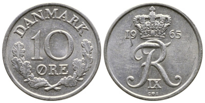 Дания 10 эре 1965 C;S, Фредерик IX (1947-1972) КМ 849.1 медно-никель 26-919