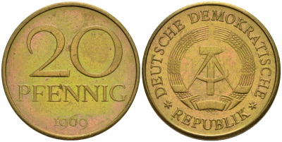ГДР 20 пфеннигов 1969 A, первый год KM 11 латунь 4141-522