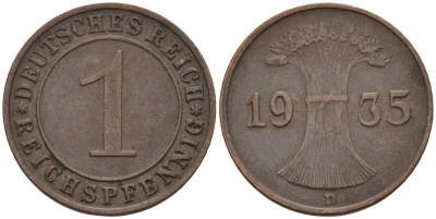 Германия 1 рейхспфенниг 1935 D KM 37, J. 313 бронза 4549-748