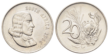 ЮАР 20 центов 1966 Ян ван Рибек (1619-1677), South Africa, легенда на английском, цветок протея KM 69.1 никель 4695-1056