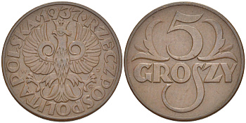 ПОЛЬША 5 ГРОШЕЙ 1937 w KM 10а, Parchimowicz 103i бронза 216-946